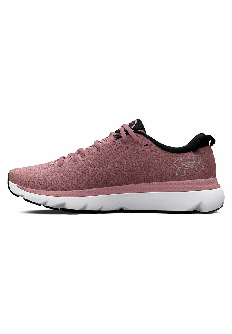 Pink athletic shoe with a breathable mesh upper, black accents, white midsole, and textured sole for traction. Features lacing system.