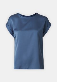 Haut bleu à manches courtes avec un col rond. Confectionné en tissu lisse avec une légère brillance. Manches avec poignets et coupe décontractée. Sans motifs ni accessoires.