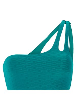 Turquoise bikinitop met een gestructureerd diamantenpatroon, een schouderbandontwerp en verstelbare dubbele bandjes voor een stevige pasvorm.