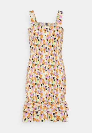 Hihaton vartalonmyötäinen mekko, jossa on oranssin, vaaleanpunaisen, mustan ja vihreän abstrakti kukkakuosi sekä liehukehelma.