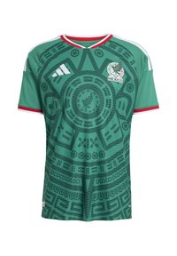 Green Mexico soccer jersey with red and white trim, Aztec calendar pattern, Adidas logo, and Mexico team crest on front.
