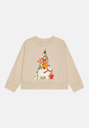 Beige sweatshirt featuring a colorful illustration of animals and a Christmas tree, with long sleeves and a cropped hem.