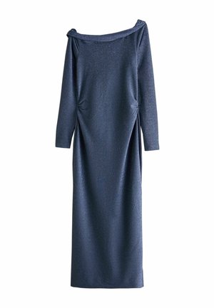Langärmeliges, dunkelblaues, schulterfreies Abendkleid mit gerafften Seiten und gerader, bodenlanger Silhouette.