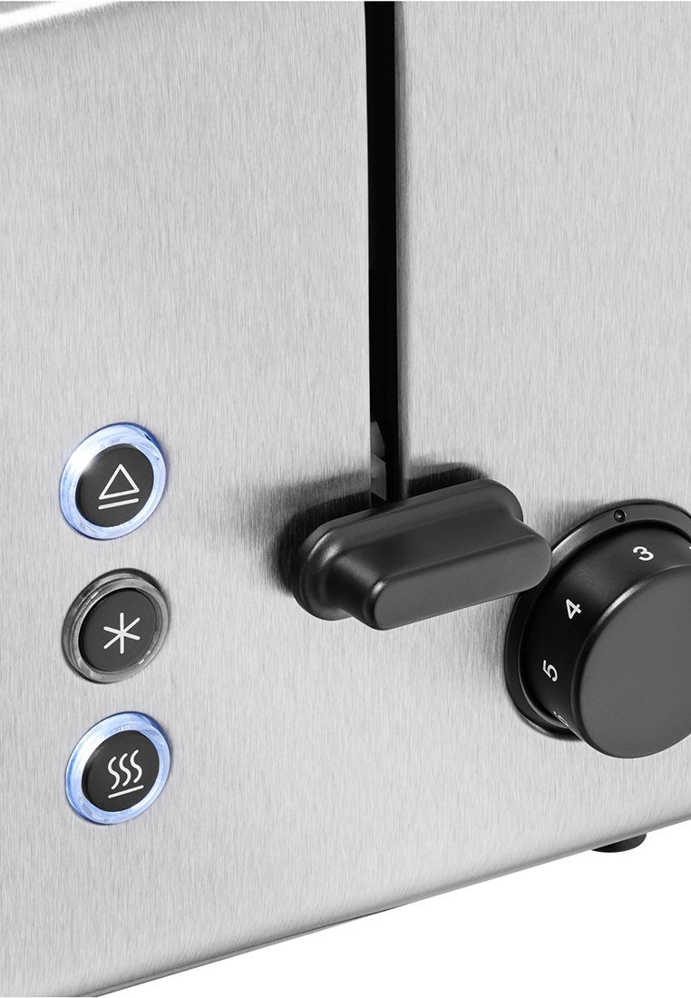 Grille-pain en acier inoxydable avec un levier noir et un bouton rotatif numéroté de 1 à 5. Comprend trois boutons avec des symboles pour les réglages et les fonctions.