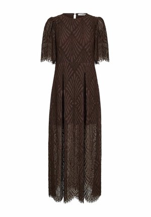 Dunkelbraunes Spitzen-Midikleid mit kurzen, gepufften Ärmeln, geometrischem Muster, rundem Ausschnitt und gewelltem Saum.