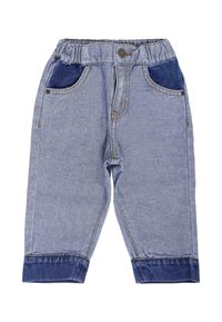 Pantaloni in denim blu chiaro con accenti blu scuro alle tasche e ai polsini. Caratterizzati da una vita arricciata e dettagli di cucitura standard.