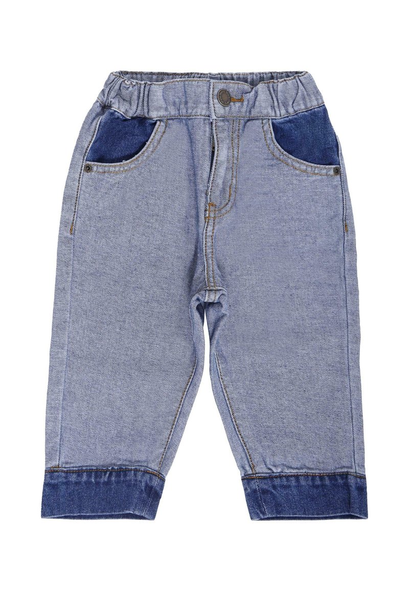 Pantaloni in denim blu chiaro con accenti blu scuro alle tasche e ai polsini. Caratterizzati da una vita arricciata e dettagli di cucitura standard.