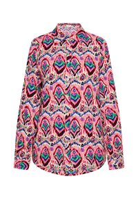 Camicia a maniche lunghe con un motivo colorato di vortici rosa, verde e blu su uno sfondo chiaro; con colletto e chiusure a bottone.