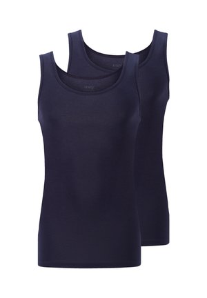 To ensfarvede mørkeblå ærmeløse tanktops med rund halsudskæring, vist overlappende på en hvid baggrund.