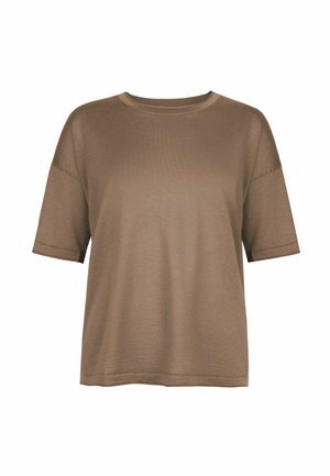 Brun kortærmet løs T-shirt med rund hals og sænkede skuldre på hvid baggrund.