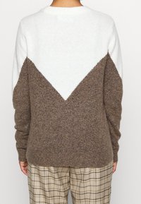 Brun och vit färgblockerad tröja med V-formad design, stickad struktur och långa ärmar. I kombination med byxor med rutigt mönster.