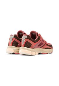 Pair of brown and coral mesh athletic sneakers with beige soles viewed from the back and angled to the right.