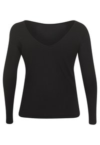 Černý top s dlouhým rukávem a hlubokým výstřihem do V, vyrobený z hladkého a elastického materiálu. Má přiléhavý střih a čisté, jednoduše zakončené lemy.