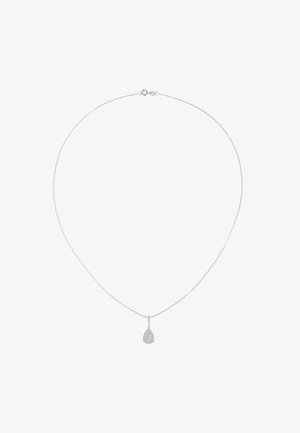 Collar de cadena de plata que presenta un colgante en forma de lágrima con un detallado intrincado. La cadena tiene una textura suave y delgada con cierre de gancho.