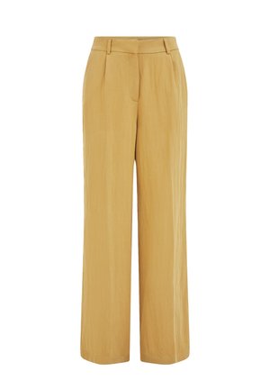 Pantalon à jambes larges de couleur jaune moutarde clair. Confectionné en tissu texturé avec des plis à l'avant et une taille plate.