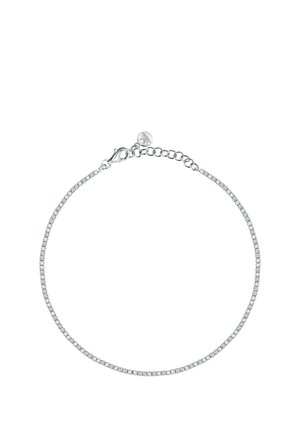 Bracciale in argento con un delicato design a catena, caratterizzato da piccole pietre preziose trasparenti incastonate lungo tutta la lunghezza e una chiusura a gancio.