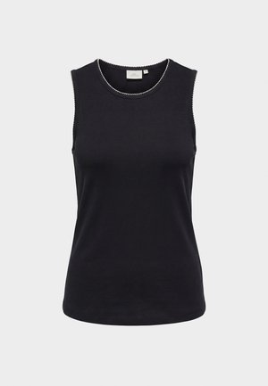 Μαύρο γυναικείο αμάνικο τοπ με στρογγυλή λαιμόκοψη και διακριτική λευκή κυματιστή διακόσμηση κατά μήκος των άκρων σε ανοιχτό φόντο.