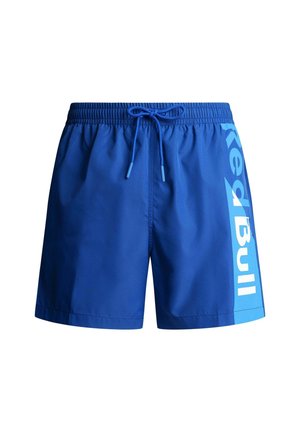 Niebieskie spodenki kąpielowe z elastycznym pasem i sznurkiem, z jasnoniebieskim panelem i logo "Red Bull" po prawej stronie.