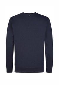 Sudadera azul marino con cuello redondo, puños y dobladillo acentuados. Fabricada en un tejido suave, presenta una textura lisa y un diseño sencillo.