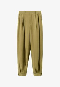 Pantalones de talle alto con corte estrecho en color verde oliva, con pliegues en la parte delantera y puños en los bajos, con bolsillos laterales y trabillas para cinturón.