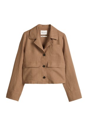 Braune, kurz geschnittene Leinenjacke mit drei dunklen Knöpfen, einem Kragen, einer Brusttasche und zwei Klappentaschen vorne.