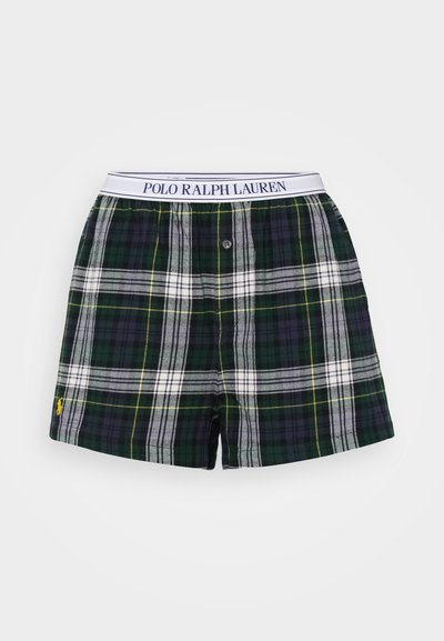 Zelené a námořnické kostkované boxerky s bílým elastickým pasem s nápisem "POLO RALPH LAUREN" a žlutým logem na lemu.