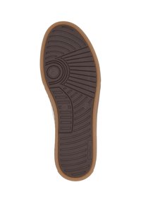 Suola di scarpa in gomma marrone con un design testurizzato e decorato, caratterizzato da scanalature per una migliore aderenza e un'impronta circolare del logo.