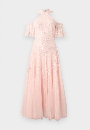Langes rosa Kleid aus Tüll mit Cold-Shoulder-Ärmeln, besetzt mit reflektierenden Pailletten und einem neckholder-Hals mit Bindeband.