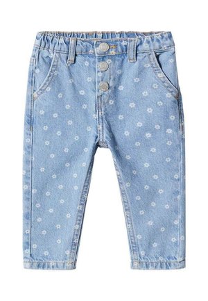 Lyseblå babyjeans med hvid tusindfrydprint, tre sølvknapper, elastisk talje og forlommer.