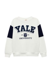 Biała bluza z nadrukiem w granatowe akcenty, z wypukłym napisem "YALE" i "UNIWERSYTET", okrągły dekolt i żeberkowe mankiety. Miękka w dotyku.