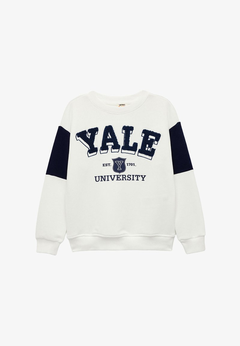 Felpa bianca con dettagli blu navy, caratterizzata da lettering in rilievo "YALE" e "UNIVERSITY", colletto a giro e polsini a costine. Texture morbida.
