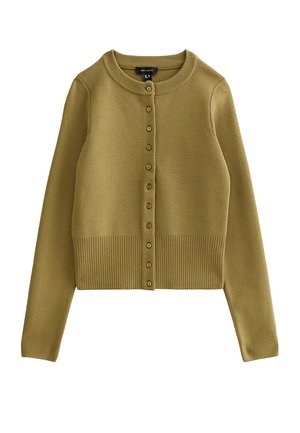 Olijfgroene cardigan gemaakt van een zachte gebreide stof. Voorzien van een ronde hals, geribbelde zoom en een knoopsluiting aan de voorkant met acht knopen.
