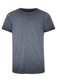 Grå kortermet t-skjorte med rund hals, med heathered tekstur og mørk marineblå detaljer på ermene.