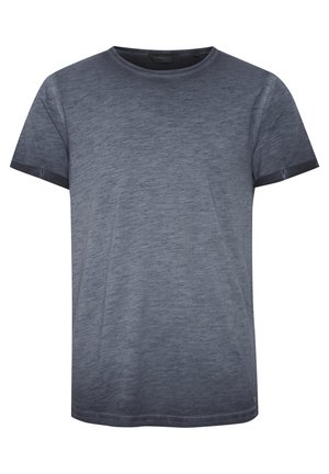 Gray short-sleeve t-shirt with a round neckline, featuring a heathered texture and dark navy accents on the sleeves.