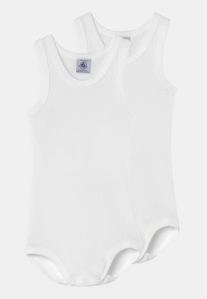 Weiße Baumwoll-Bodysuits mit ärmellosem Design, runden Ausschnitten und Druckknopfverschlüssen am unteren Ende. Weicher Stoff, Set mit zwei Stück.