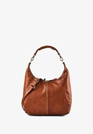 Braune Leder-Schultertasche mit dekorativen Nieten entlang der Mitte und Kanten, mit einem gebogenen Griff und einem verstellbaren Seitenriemen.
