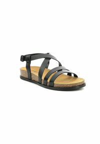 Sandale en cuir noir avec trois brides croisées, une boucle à l'arrière et un semelle en liège sur une semelle en caoutchouc noir.