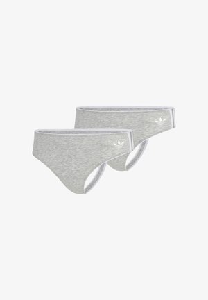 Zwei graue Baumwollslips mit weißem Besatz und Adidas-Logo an der Seite, vor weißem Hintergrund.