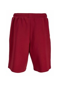 Shorts de sport rouges avec une ceinture élastique, fabriqués en tissu doux et léger. Présentent un ourlet droit et pas de poches visibles.