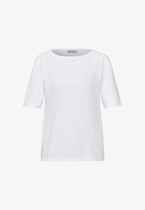 Valkoinen lyhythihainen paita, jossa pyöreä pääntie, suora helma ja pieni "Street One" -etiketti kauluksessa.