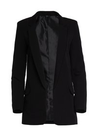 Czarna dopasowana marynarka z klapami, długimi rękawami, przednimi kieszeniami z patkami i gładką podszewką, wyeksponowana frontem na białym tle.