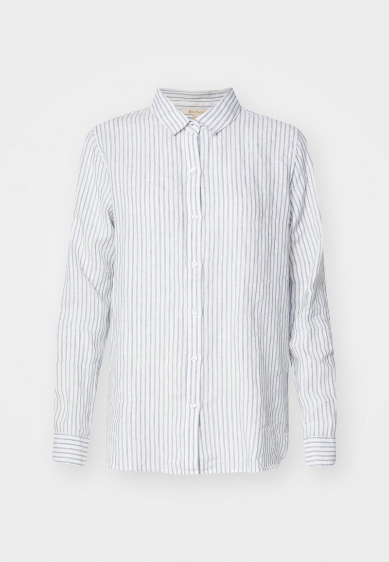 Button-up shirt made of lightweight fabric, featuring horizontal blue and white stripes, long sleeves, and a collar with button closures.