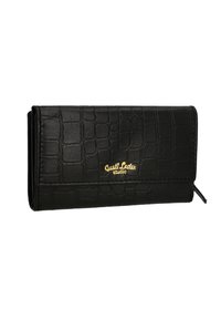 Portafoglio nero in pelle sintetica testurizzata, con motivo coccodrillo. Dettagli del logo dorato e chiusura con zip e linguetta.