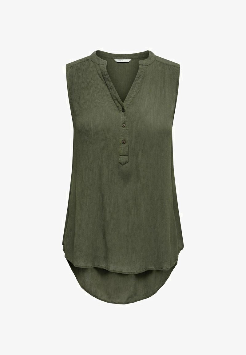 Blouse sans manches verte avec un décolleté en V, tissu texturé, patte de boutonnage et ourlet arrondi. Design léger et fluide pour le confort.