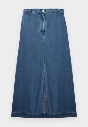 Dunkelblauter Jeansrock mit geradem Schnitt und einem mittigen Schlitz am Saum. Verfügt über einen Standardbund und einen Metallknopfverschluss.