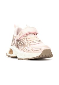 Scarpa da ginnastica rosa chiaro con tomaia in rete e sintetico, suola in gomma, collo imbottito e cinturino regolabile con velcro. Accenti in beige.
