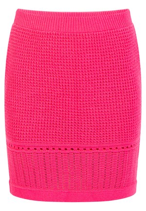 Pletená mini sukňa v žiarivej ružovej farbe, s textúrovaným tkaním, rebrovaným pásom a otvorenými vzormi pri leme.