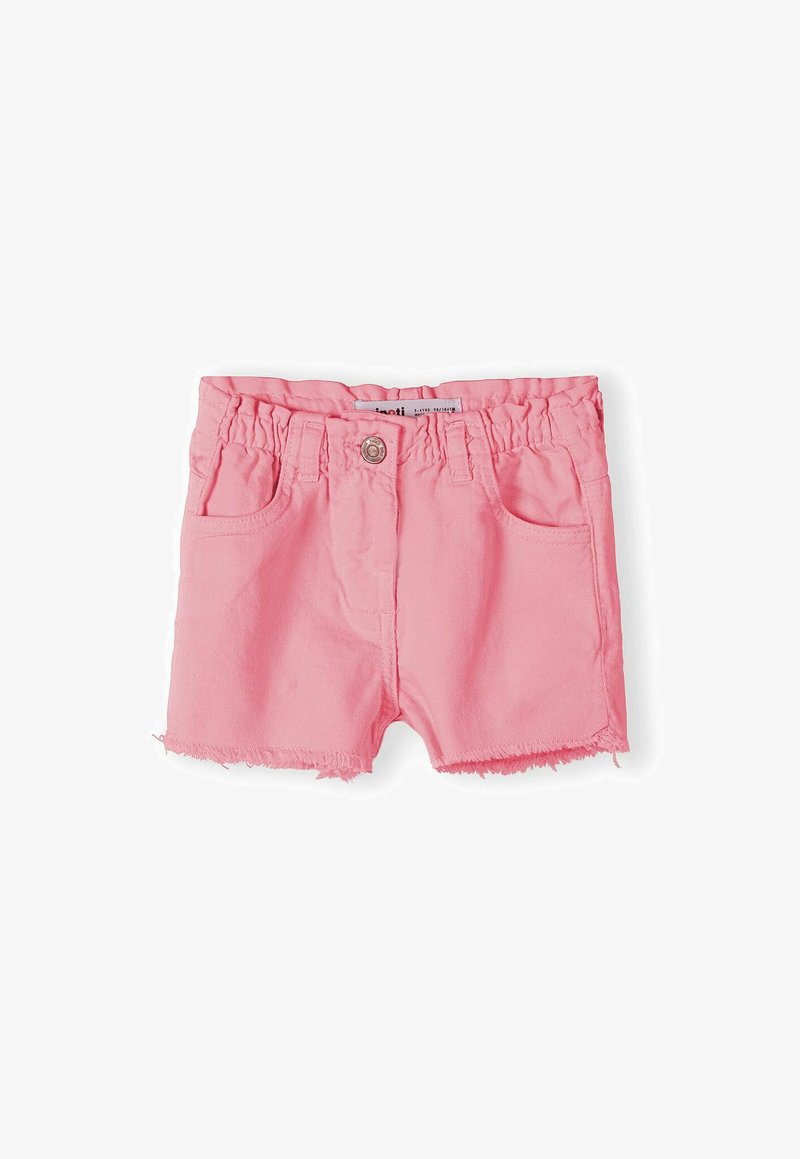 Pink denim shorts with an elastic waistband, four pockets, and a raw hem. Features a front button closure and a smooth texture.