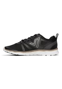 Black athletic sneakers with a textured upper, contrasting white sole, and reflective accents. Features a lace closure and cushion midsole.