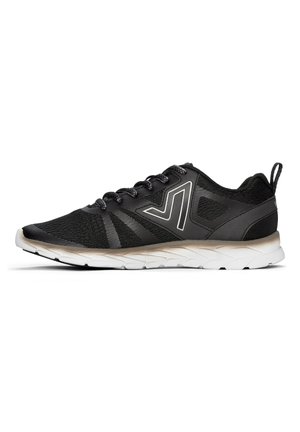 Black athletic sneakers with a textured upper, contrasting white sole, and reflective accents. Features a lace closure and cushion midsole.